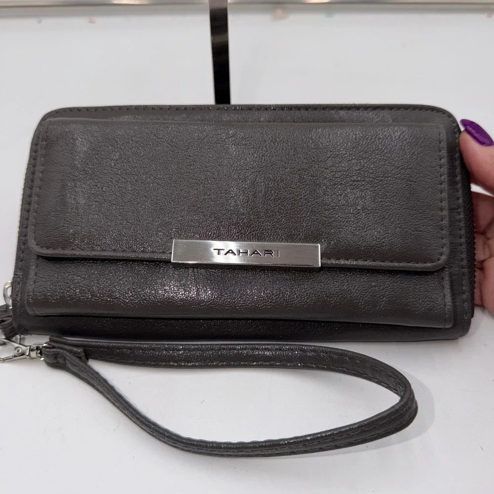 Tahari Gray Wristlet Wallet RFID Identity Protect Zip Around Clutch